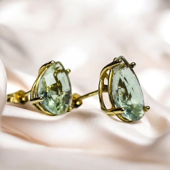 VINTAGE- 10k Gold -Prasiolite Earrings -3cttw- Pear Cut -August Birthstone -1.2g - Picture 10 of 16